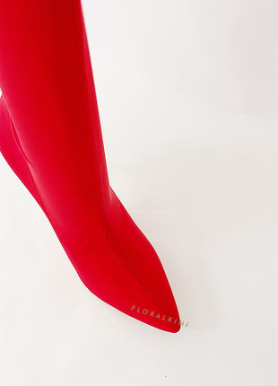 Red Pointed Sock Stiletto Heeled Boots