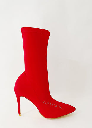 Red Pointed Sock Stiletto Heeled Boots