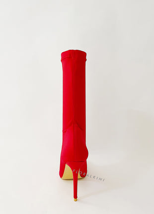 Red Pointed Sock Stiletto Heeled Boots