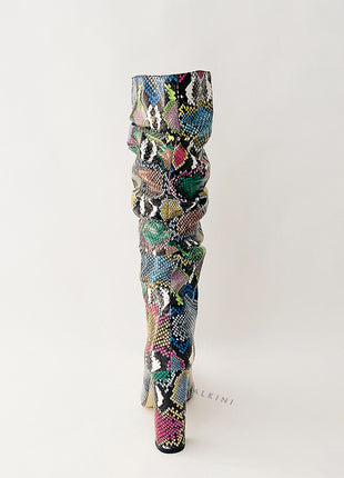 Multi-Colored Python Print Ruched Knee High Boots