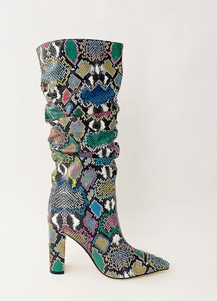 Multi-Colored Python Print Ruched Knee High Boots