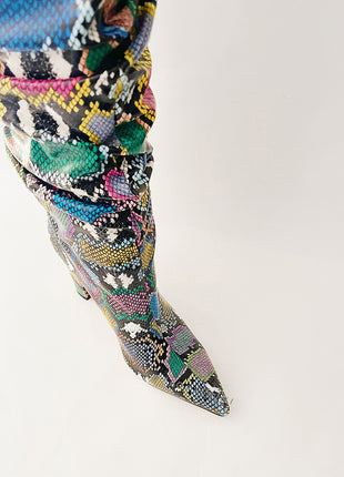 Multi-Colored Python Print Ruched Knee High Boots