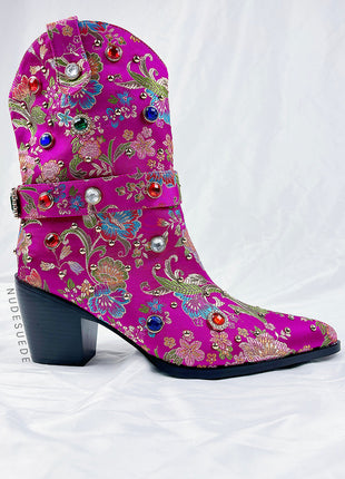 Floral Satin Gemstone-Embellished Pointed Toe Western Ankle Bootie - Pink
