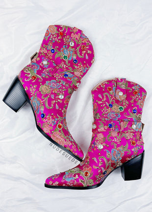 Floral Satin Gemstone-Embellished Pointed Toe Western Ankle Bootie - Pink