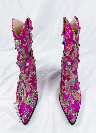 Floral Satin Gemstone-Embellished Pointed Toe Western Ankle Bootie - Pink