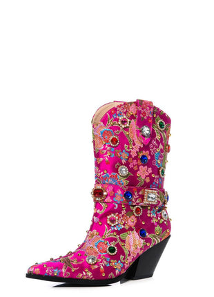 Floral Satin Gemstone-Embellished Pointed Toe Western Ankle Bootie - Pink