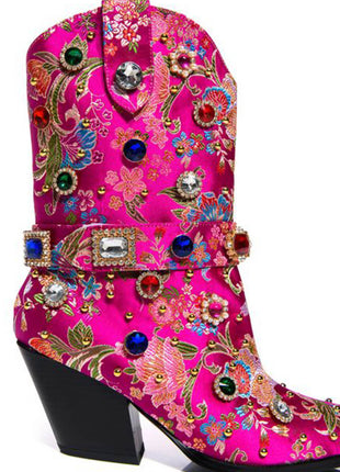 Floral Satin Gemstone-Embellished Pointed Toe Western Ankle Bootie - Pink