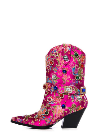 Floral Satin Gemstone-Embellished Pointed Toe Western Ankle Bootie - Pink
