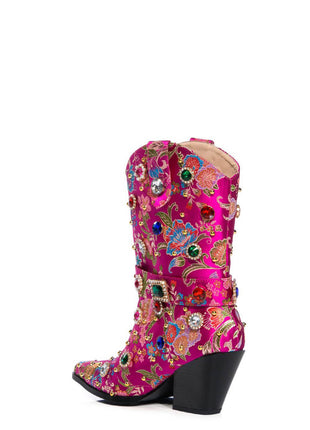 Floral Satin Gemstone-Embellished Pointed Toe Western Ankle Bootie - Pink