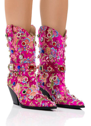 Floral Satin Gemstone-Embellished Pointed Toe Western Ankle Bootie - Pink