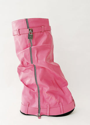 Wrapped Padlock Zip Detail Folded Knee High Wedge Chunky Biker Boots - Pink