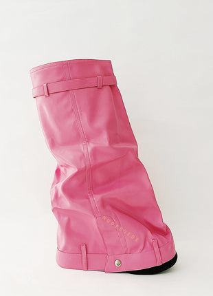 Wrapped Padlock Zip Detail Folded Knee High Wedge Chunky Biker Boots - Pink
