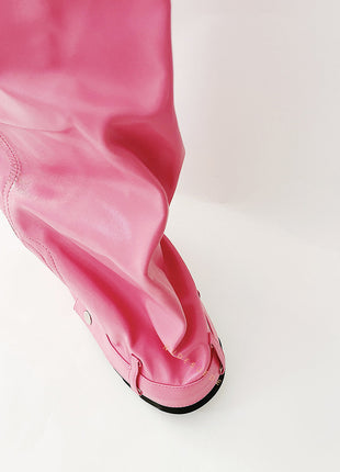 Wrapped Padlock Zip Detail Folded Knee High Wedge Chunky Biker Boots - Pink