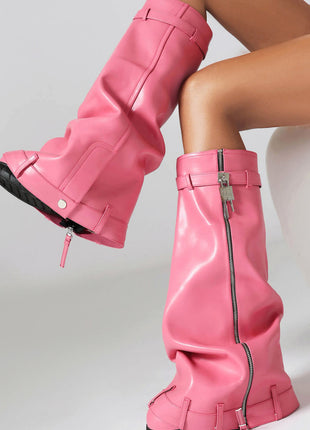 Wrapped Padlock Zip Detail Folded Knee High Wedge Chunky Biker Boots - Pink