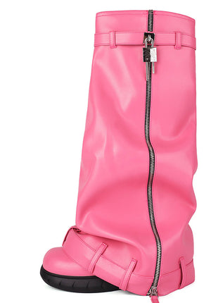 Wrapped Padlock Zip Detail Folded Knee High Wedge Chunky Biker Boots - Pink