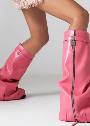 Wrapped Padlock Zip Detail Folded Knee High Wedge Chunky Biker Boots - Pink