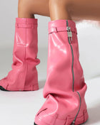 Wrapped Padlock Zip Detail Folded Knee High Wedge Chunky Biker Boots - Pink