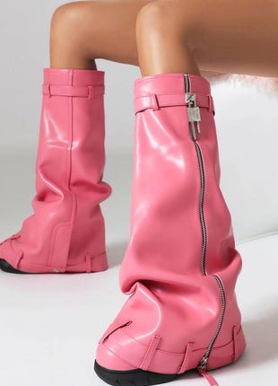 Wrapped Padlock Zip Detail Folded Knee High Wedge Chunky Biker Boots - Pink