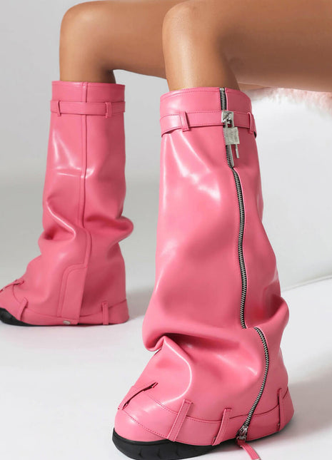 Wrapped Padlock Zip Detail Folded Knee High Wedge Chunky Biker Boots - Pink
