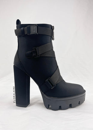 Black Zip Chunky Buckle Platform Ankle Boots