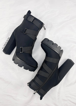 Black Zip Chunky Buckle Platform Ankle Boots