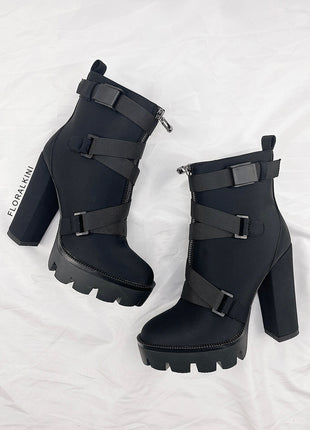 Black Zip Chunky Buckle Platform Ankle Boots