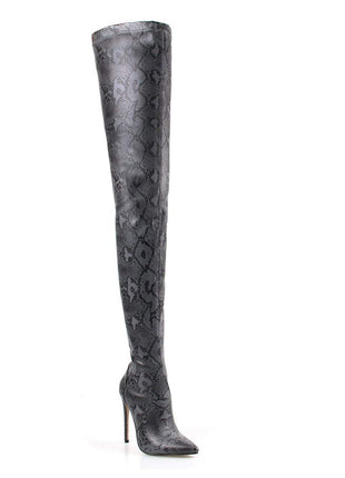Darkgray Snake Print Stiletto Thigh High Boots (2335400886331)