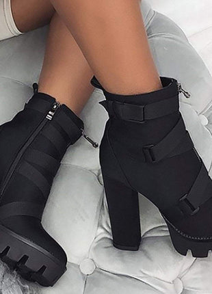Black Zip Chunky Buckle Platform Ankle Boots (2335401246779)