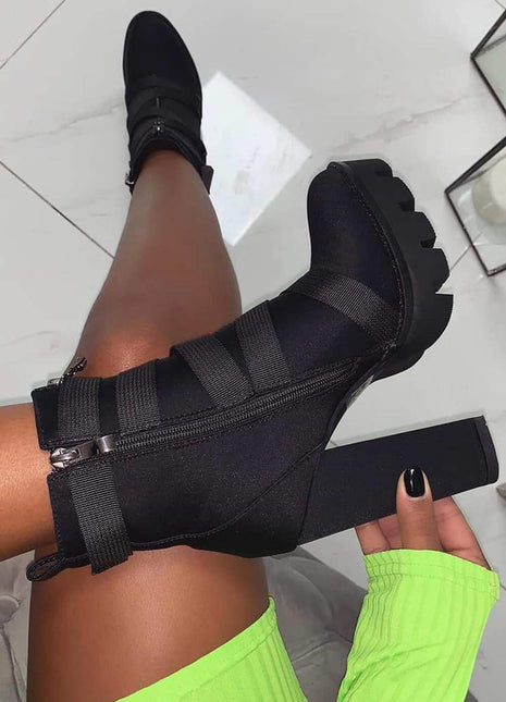 Black Zip Chunky Buckle Platform Ankle Boots (2335401246779)