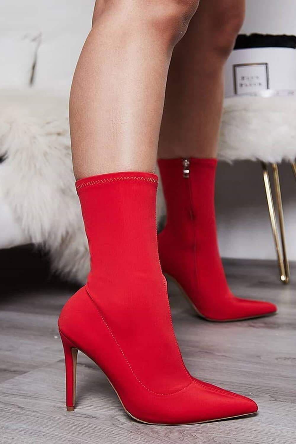 Red Pointed Sock Stiletto Heeled Boots (2335398494267)