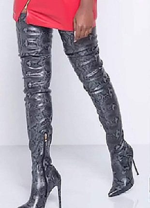 Darkgray Snake Print Stiletto Thigh High Boots (2335400886331)