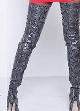 Darkgray Snake Print Stiletto Thigh High Boots (2335400886331)