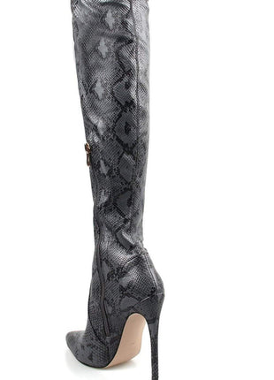 Darkgray Snake Print Stiletto Thigh High Boots (2335400886331)