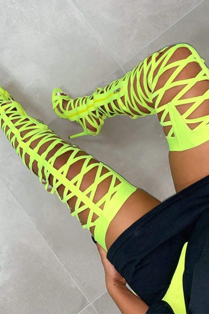 Neon Yellow Cut-Out Belted Thigh High Heels (2335400296507)