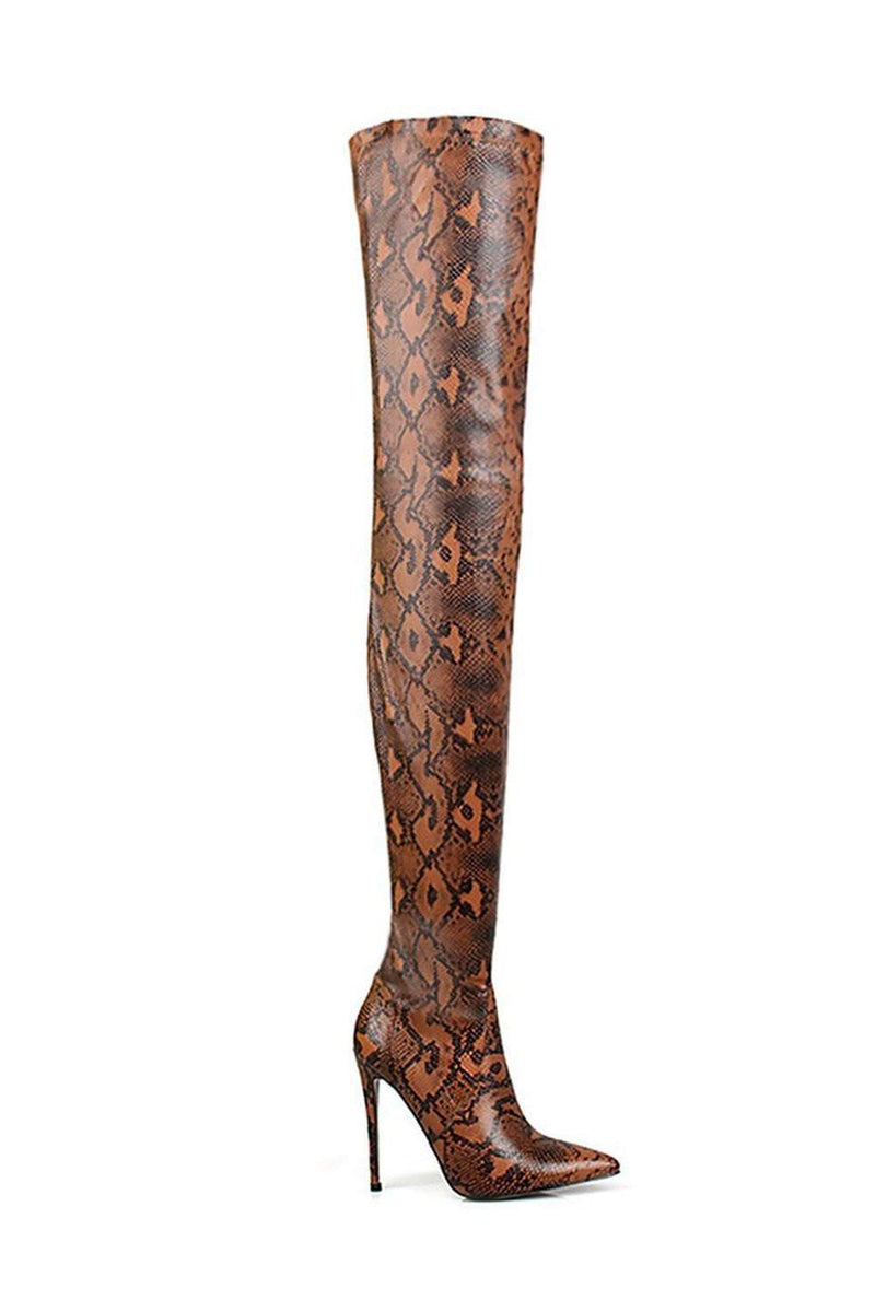 Orangered Snake Print Stiletto Thigh High Boots (2335401017403)