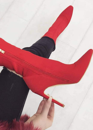 Red Pointed Sock Stiletto Heeled Boots (2335398494267)
