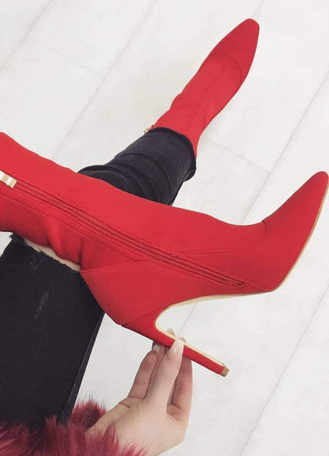 Red Pointed Sock Stiletto Heeled Boots (2335398494267)
