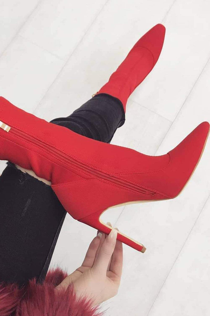 Red Pointed Sock Stiletto Heeled Boots (2335398494267)