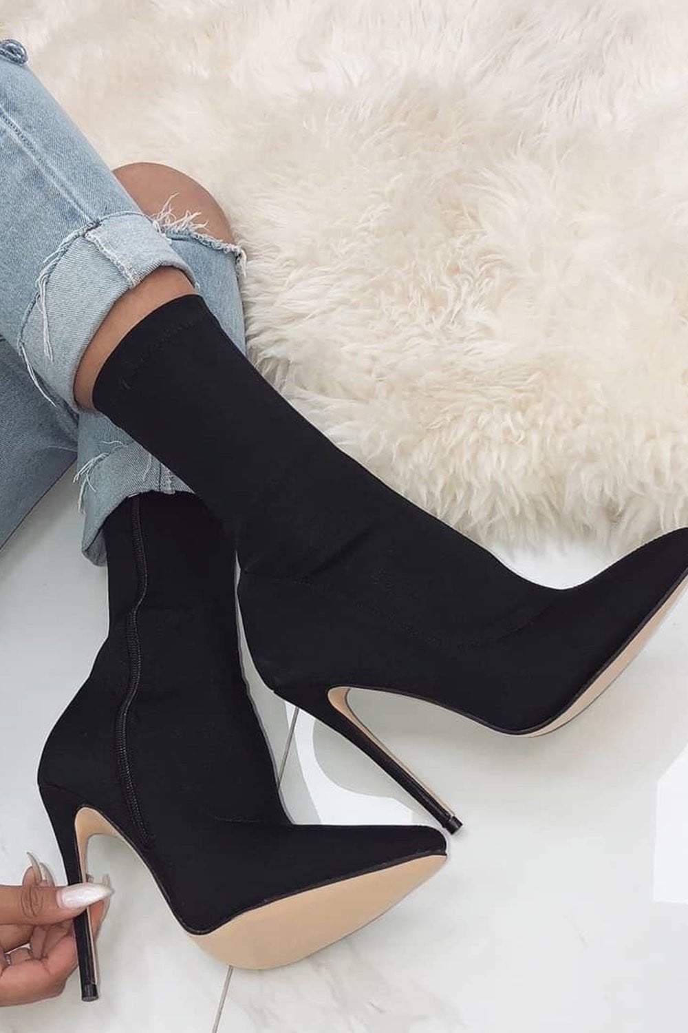 Black Pointed Sock Stiletto Heeled Boots (2335398428731)
