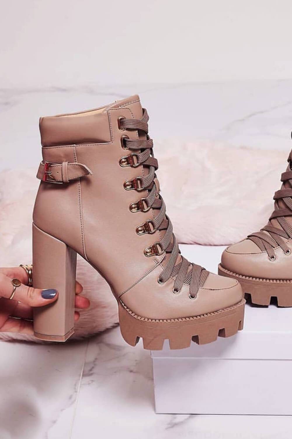 Nude Lace-Up Heeled Chunky Biker Ankle Boots With Buckle Detail (4307981991995)