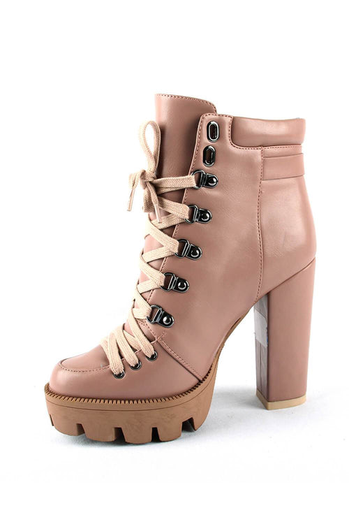 Nude Lace-Up Heeled Chunky Biker Ankle Boots With Buckle Detail (4307981991995)