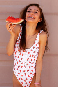 Watermelon Print Zipper Up One Piece Swimsuit (2265517326395)