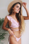Pink White Striped Ruffle Plunge Criss Cross Bikini Top (2155359436859)