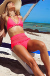 Hot Pink Pom Pom Triangle Halter Bikini Top (2279099596859)