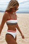 Red Black Striped Tie Shoulder Ribbed Bikini Top (2306855469115)