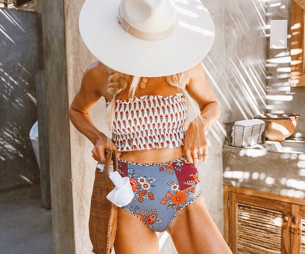 Floral Smocked Ruffle Trim Bandeau Bikini Top