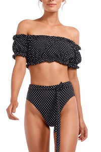 Polka Dots Ruffle Trim Off The Shoulder Bikini Top (2253975683131)