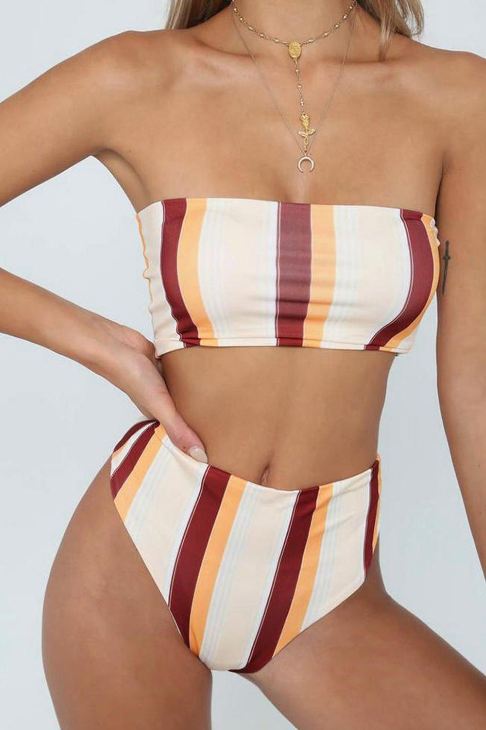 Striped High Waisted Bikini Bottom (2213141119035)