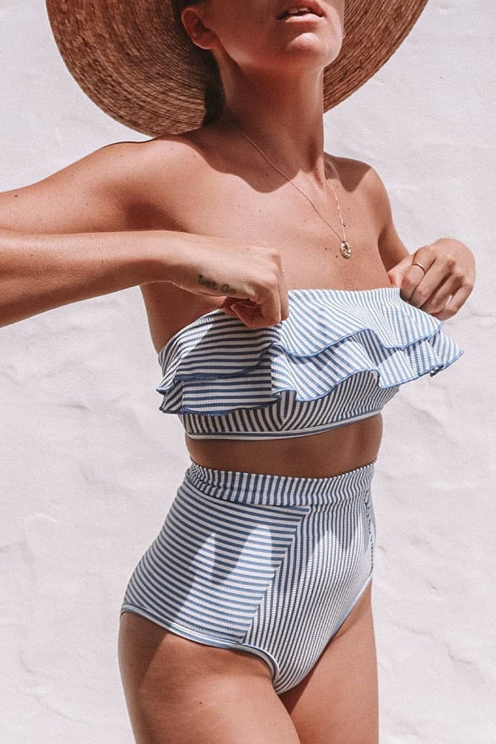 Blue White Striped Frill Bandeau Bikini Top (2207889653819)