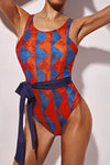Cross Back Tie Front One Piece Graphic Swimwear (1920012582971)